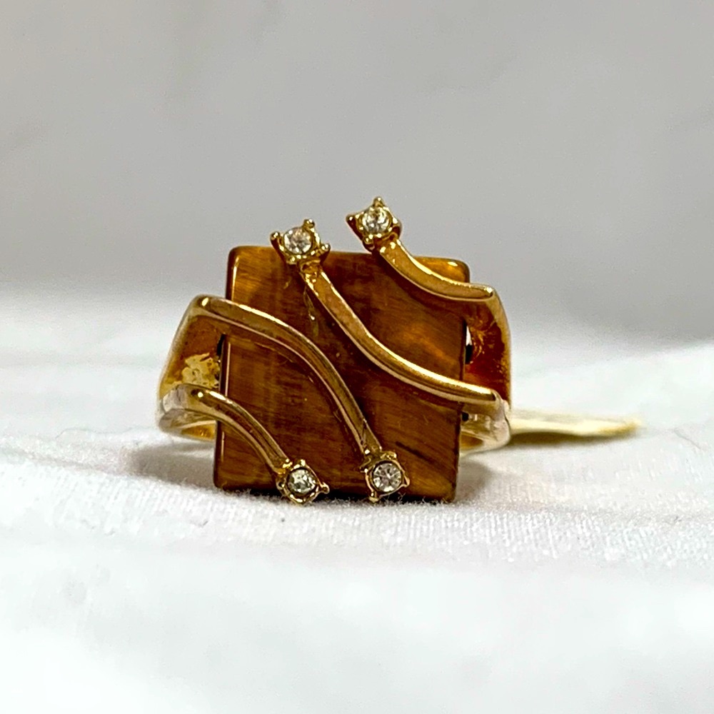 Vintage 1970s Square Stone Ring, 18k Gold Plated